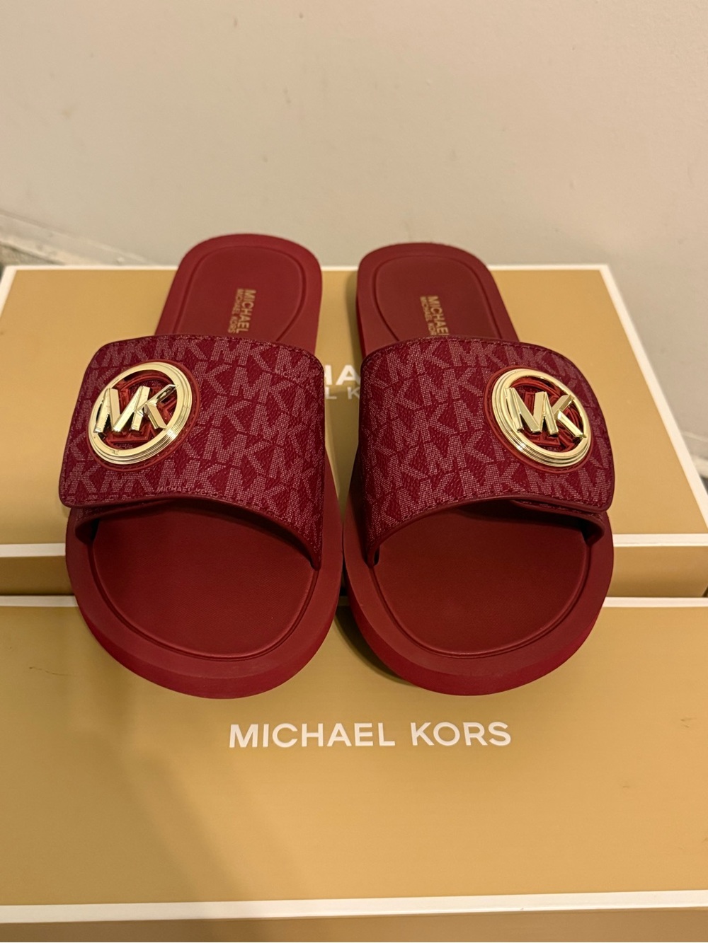Michael Kors Red Logo Slide Sandals with Gold MK Emblem